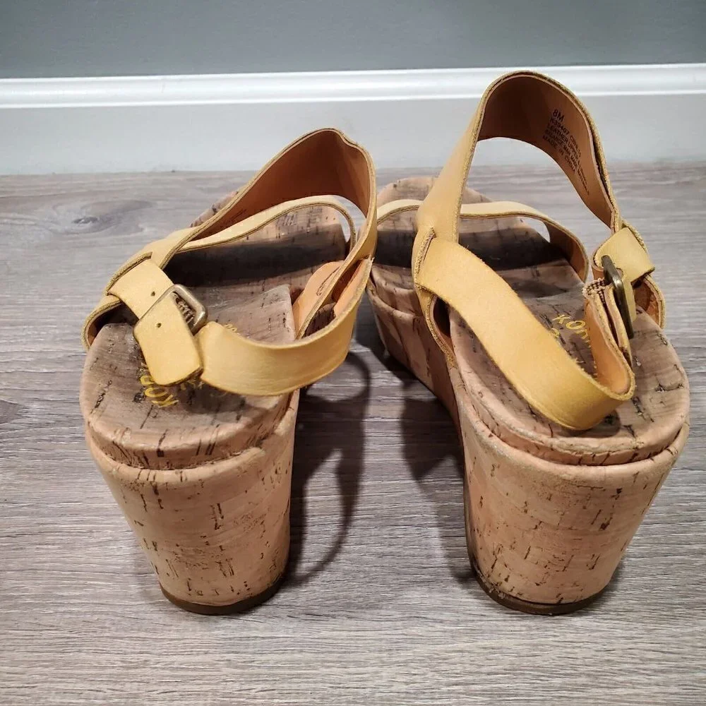 Kork-Ease Women's Beige Yellow Leather Platform Wedge Sandals Double Strap 8M
